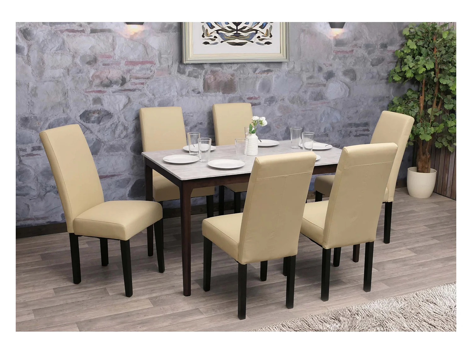 Set di 6 sedie da pranzo MCW-N66, sedia cucina soggiorno poltrona legno massiccio ecopelle ~ avorio, gambe nere