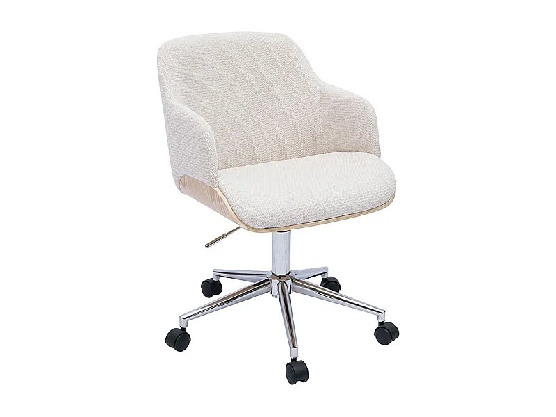 Silla de oficina con ruedas de tela chenilla beige, madera clara y metal cromado EARL