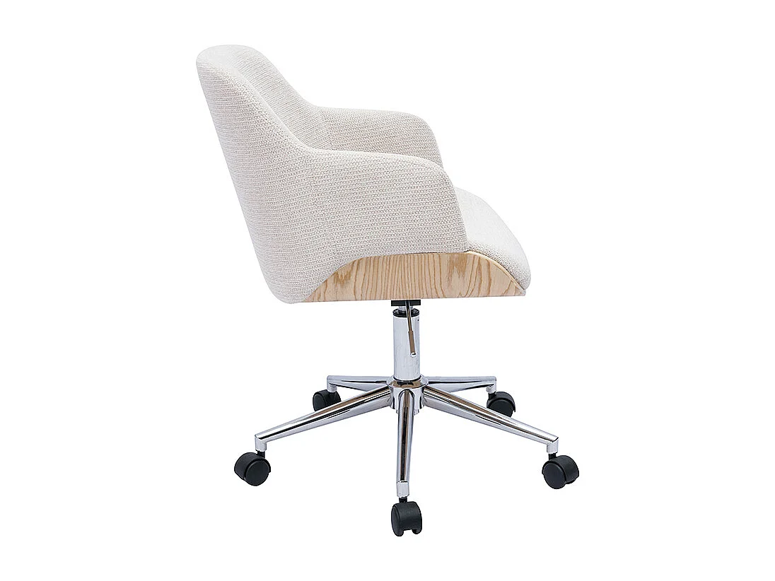Silla de oficina con ruedas de tela chenilla beige, madera clara y metal cromado EARL
