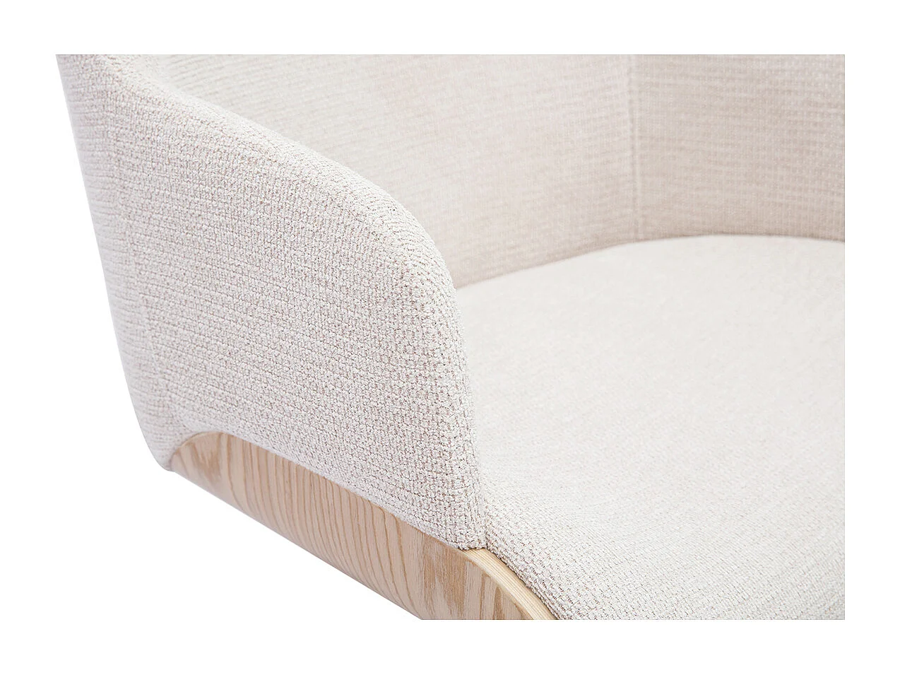 Silla de oficina con ruedas de tela chenilla beige, madera clara y metal cromado EARL