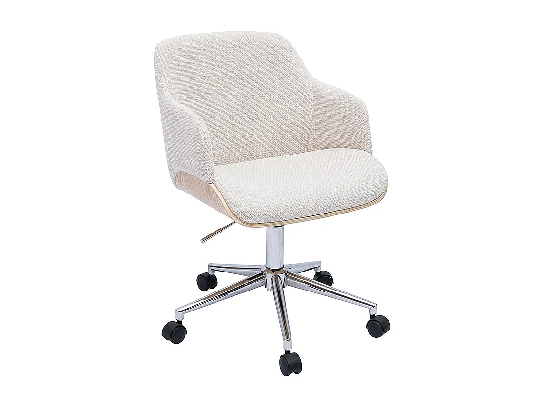 Chaise de bureau à roulettes en tissu chenille beige, bois clair et métal chromé EARL