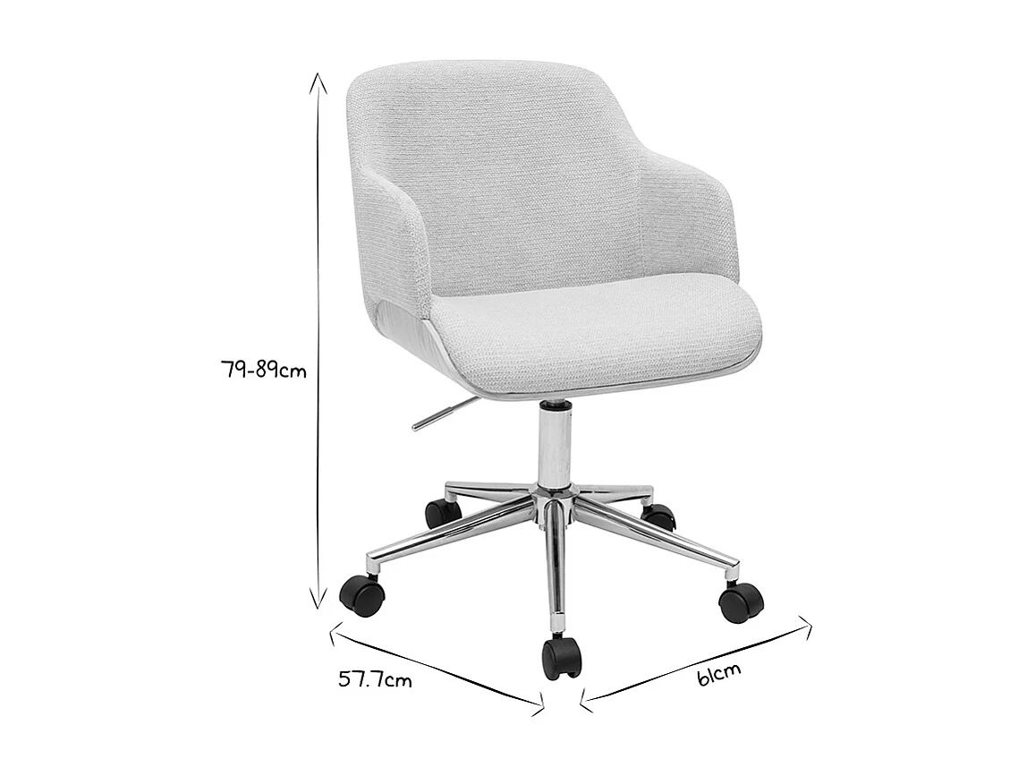 Chaise de bureau à roulettes en tissu chenille beige, bois clair et métal chromé EARL