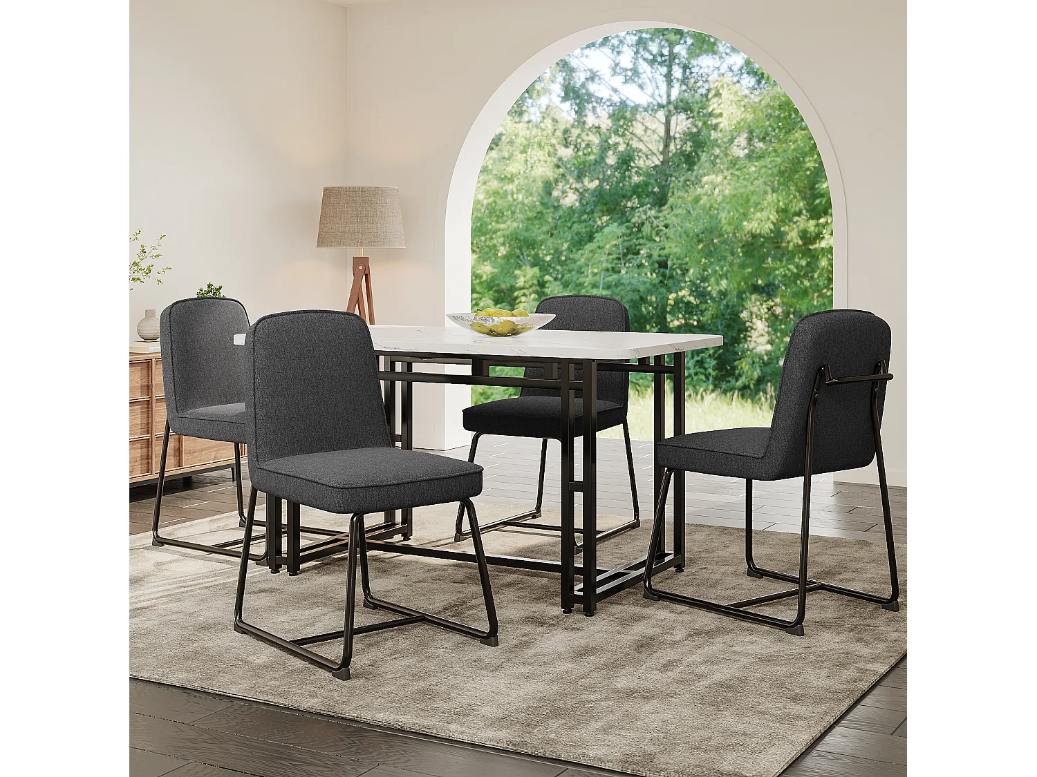 Silla de comedor de lino, 4 piezas, metal negro, reposabrazos, gris