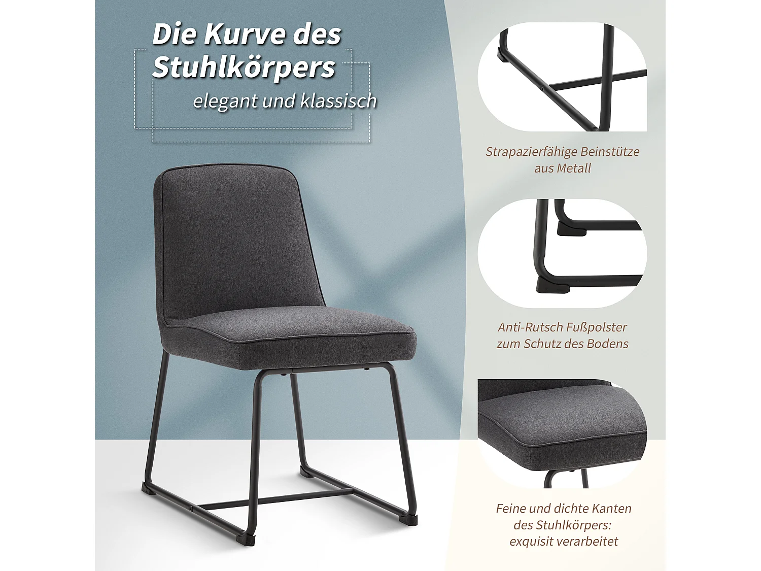 Silla de comedor de lino, 4 piezas, metal negro, reposabrazos, gris