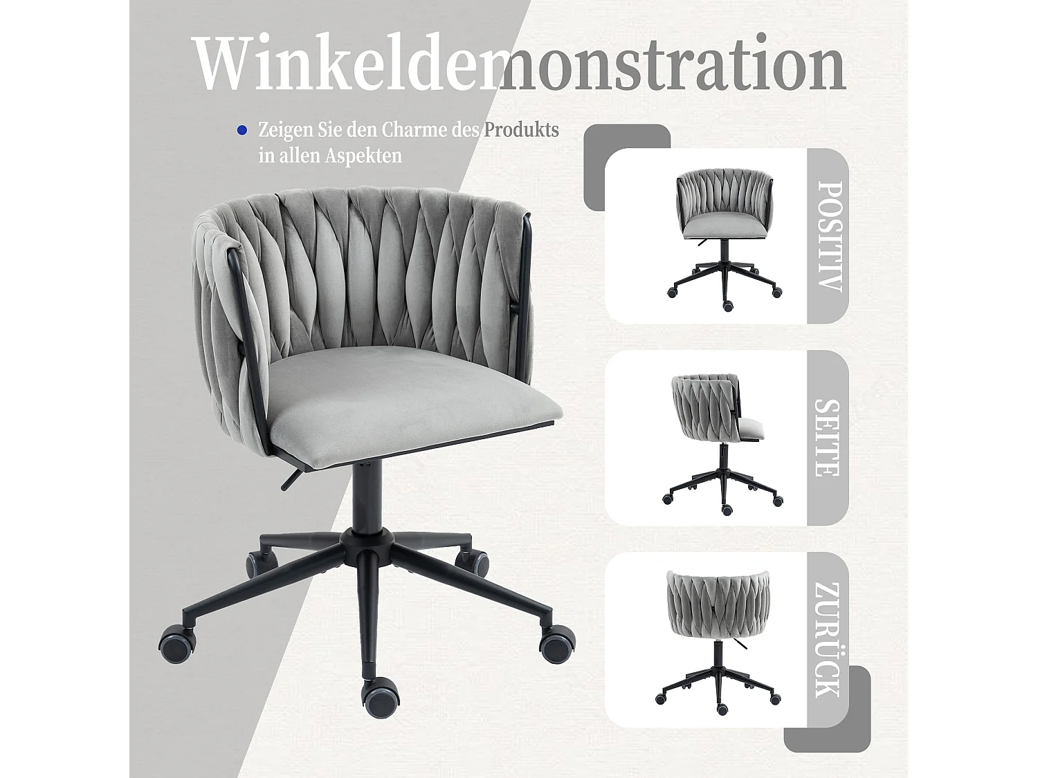 Cadeira de escritório de veludo macio, rotação de 360°, ajuste de altura, design ergonômico