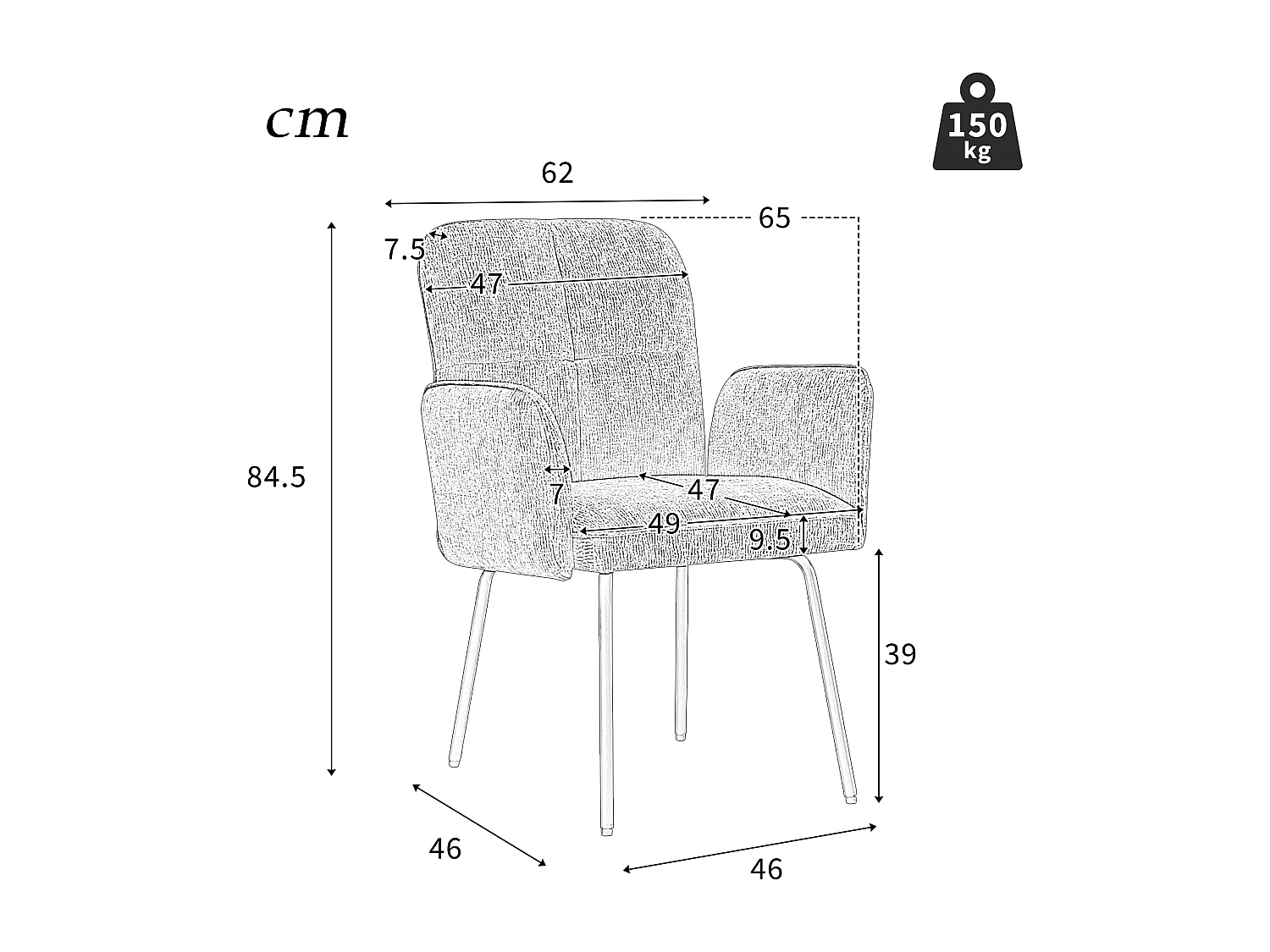 Cadeiras de sala de jantar (6 peças), poltronas de tecido cinza, pernas de metal preto