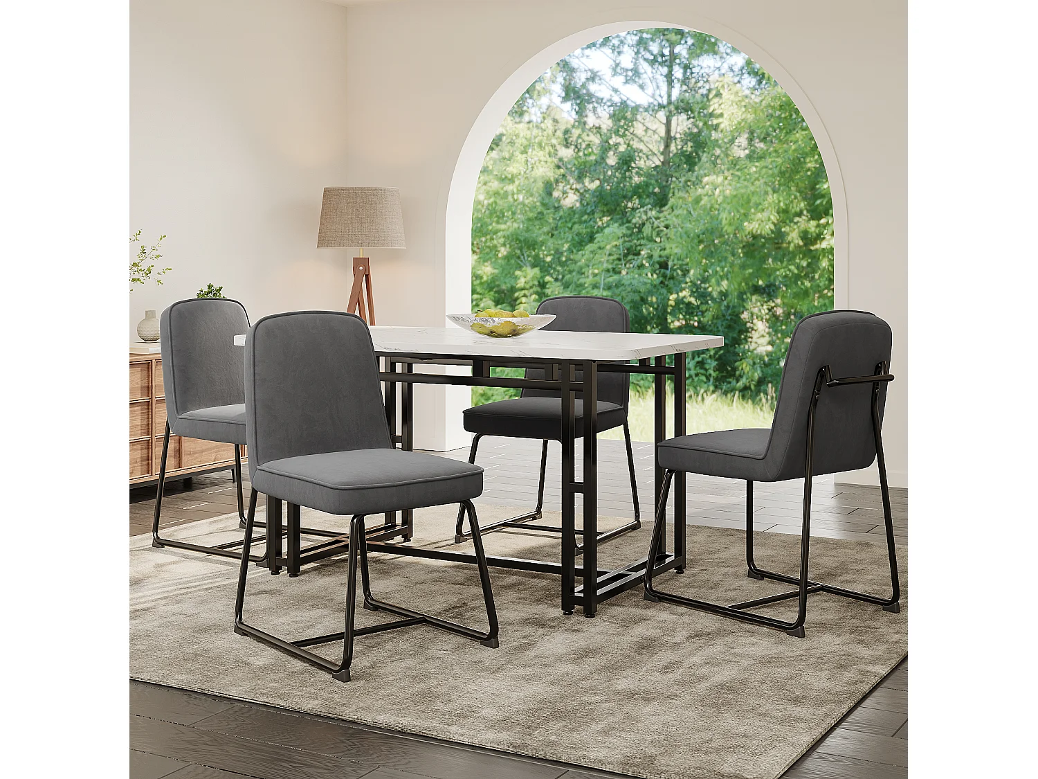 Sedia da pranzo in velluto, 4 pezzi, metallo nero, braccioli, grigio