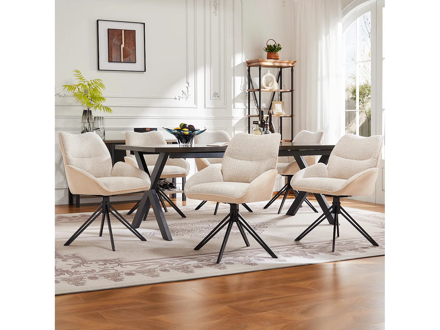 Cadeira de jantar giratória 360° com tecido sherpa, almofada larga e confortável, pernas de metal bege, 44x45x86 cm, conjunto de 6