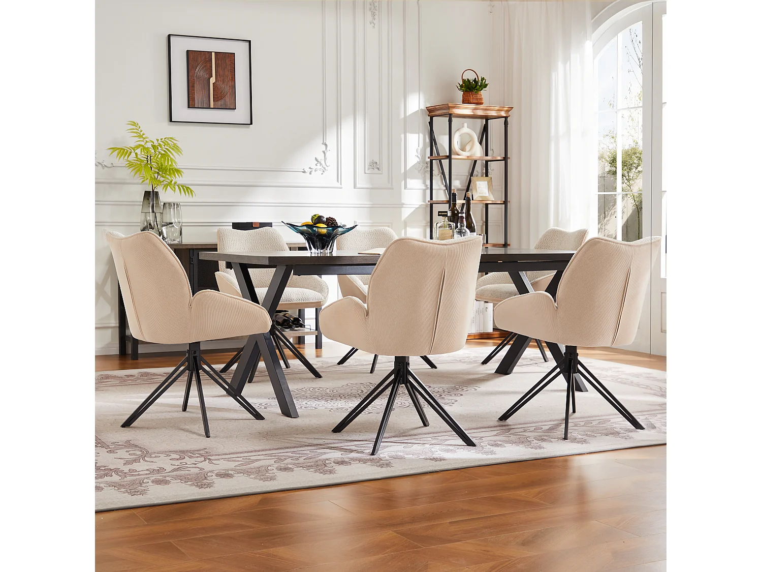 Cadeira de jantar giratória 360° com tecido sherpa, almofada larga e confortável, pernas de metal bege, 44x45x86 cm, conjunto de 6