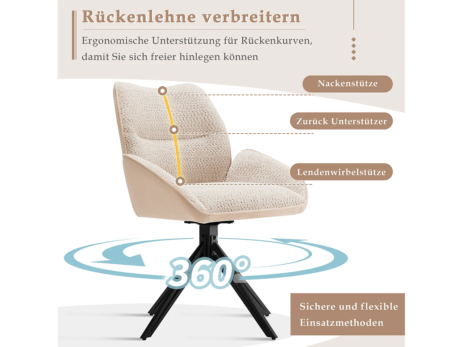 Cadeira de jantar giratória 360° com tecido sherpa, almofada larga e confortável, pernas de metal bege, 44x45x86 cm, conjunto de 6