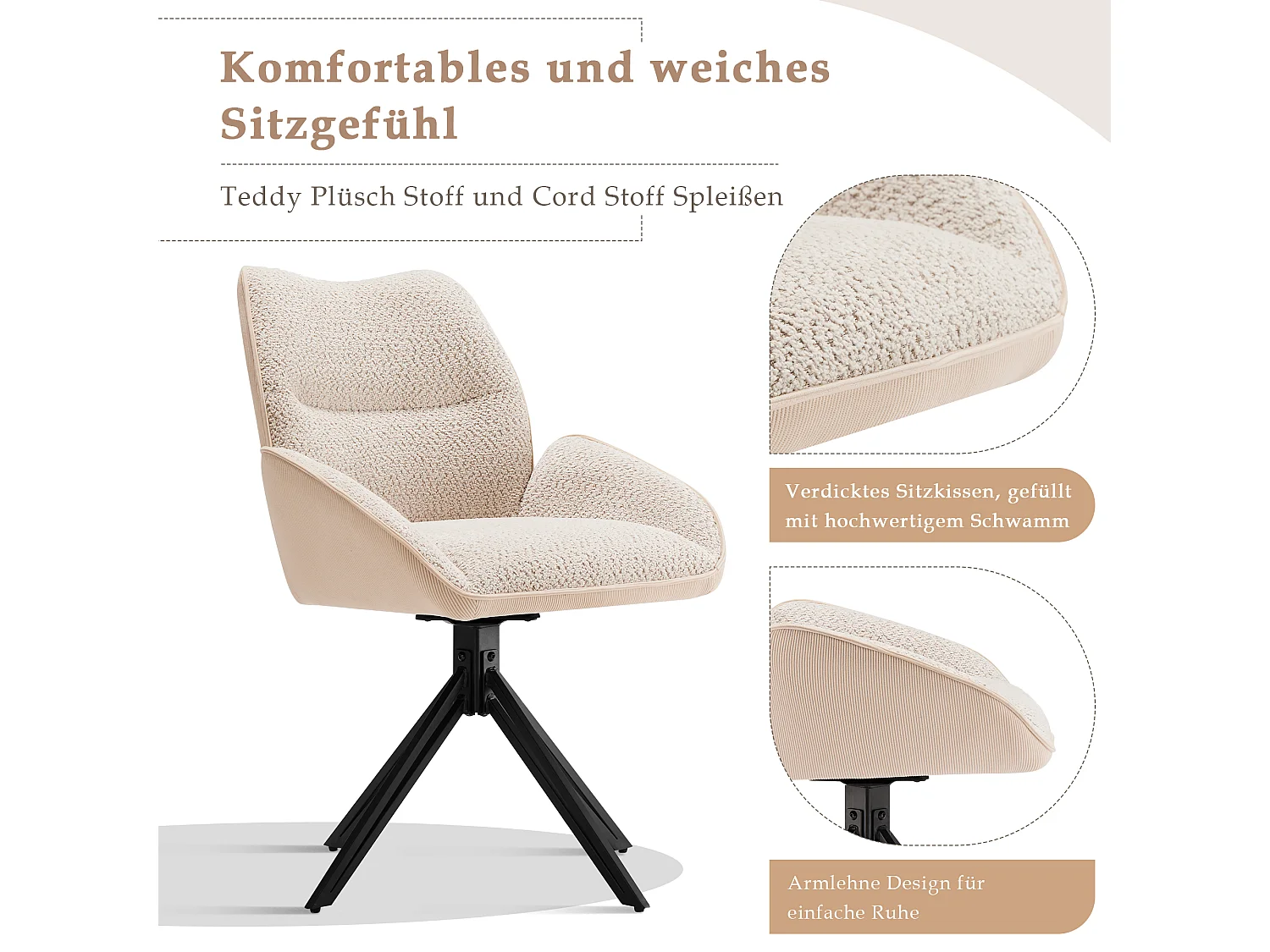 Cadeira de jantar giratória 360° com tecido sherpa, almofada larga e confortável, pernas de metal bege, 44x45x86 cm, conjunto de 6