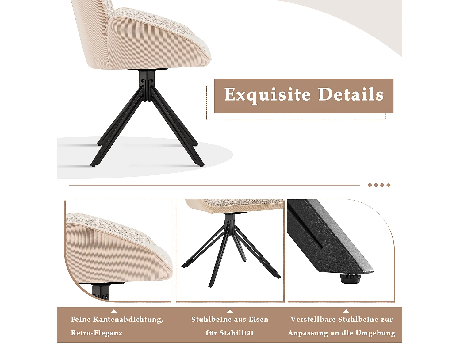 Cadeira de jantar giratória 360° com tecido sherpa, almofada larga e confortável, pernas de metal bege, 44x45x86 cm, conjunto de 6