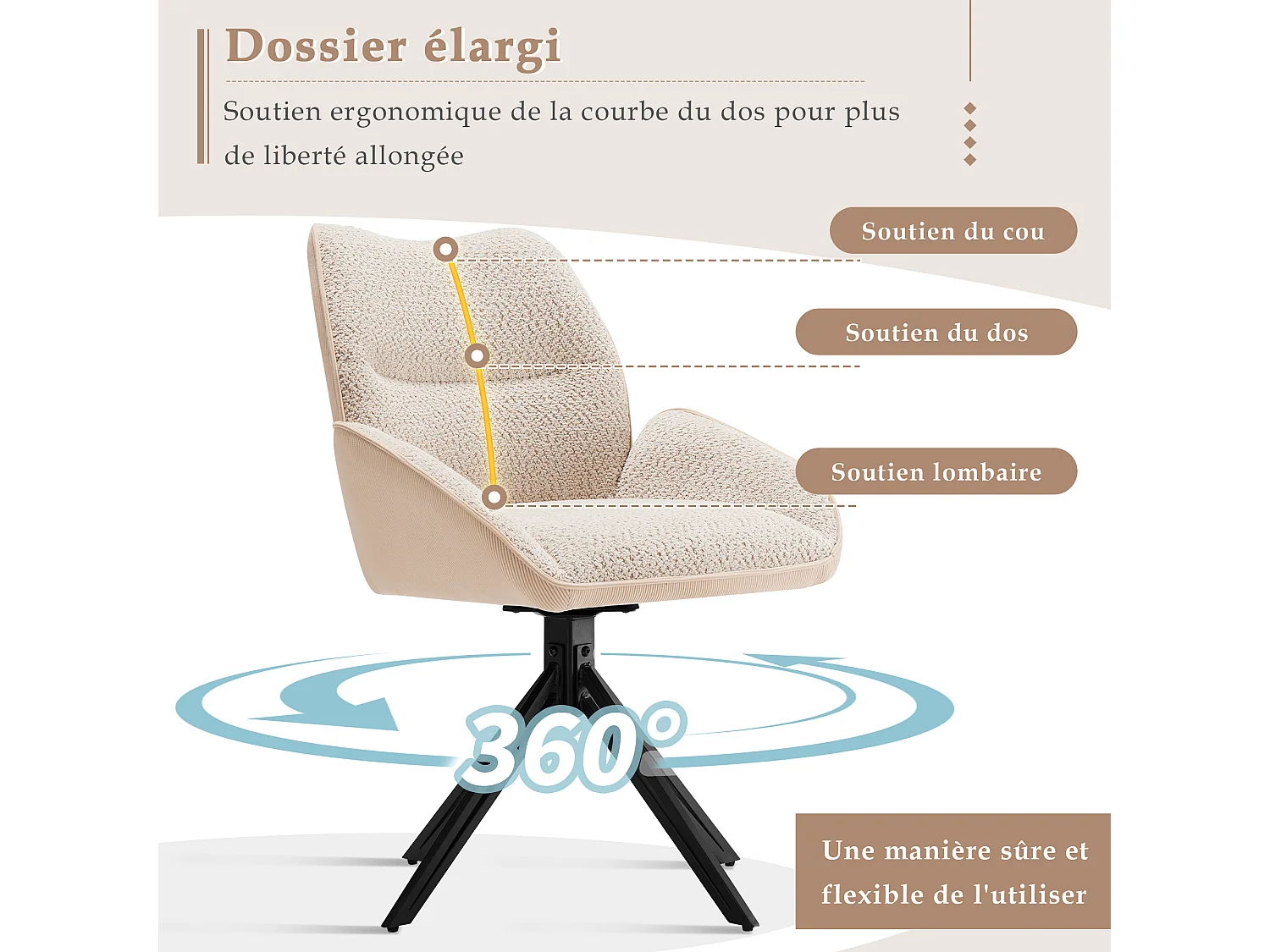 Cadeira de jantar giratória 360° com tecido sherpa, almofada larga e confortável, pernas de metal bege, 44x45x86 cm, conjunto de 6