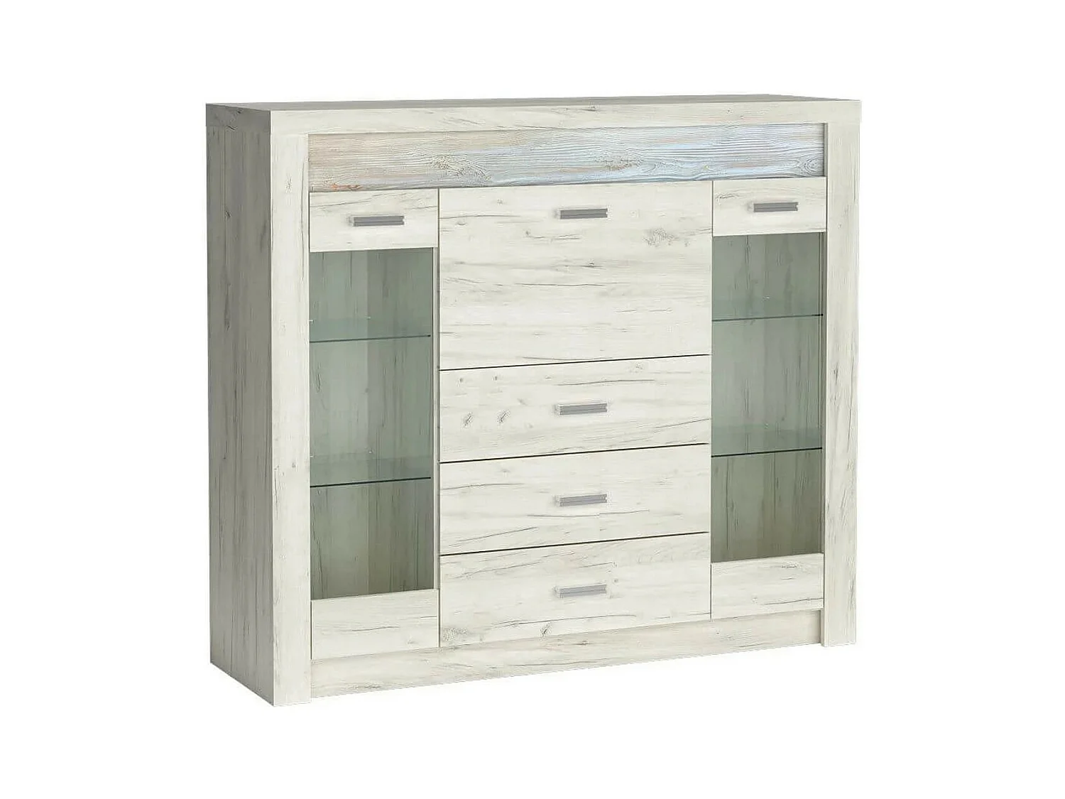 Buffet vitrine bois blanchi - 2 portes 4 tiroirs - Forever - Sans LED