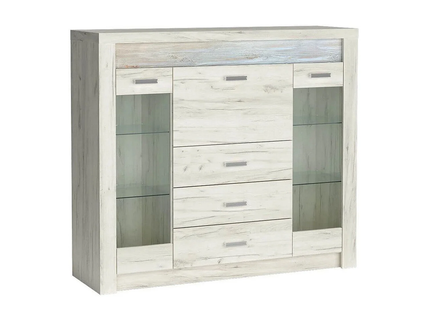 Buffet vitrina madera blanqueada - 2 puertas 4 cajones - Forever - Sin LED