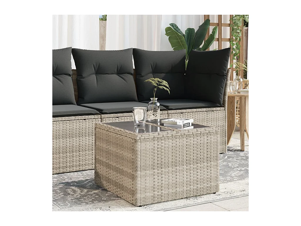 Table de jardin avec dessus en verre gris clair résine tressée