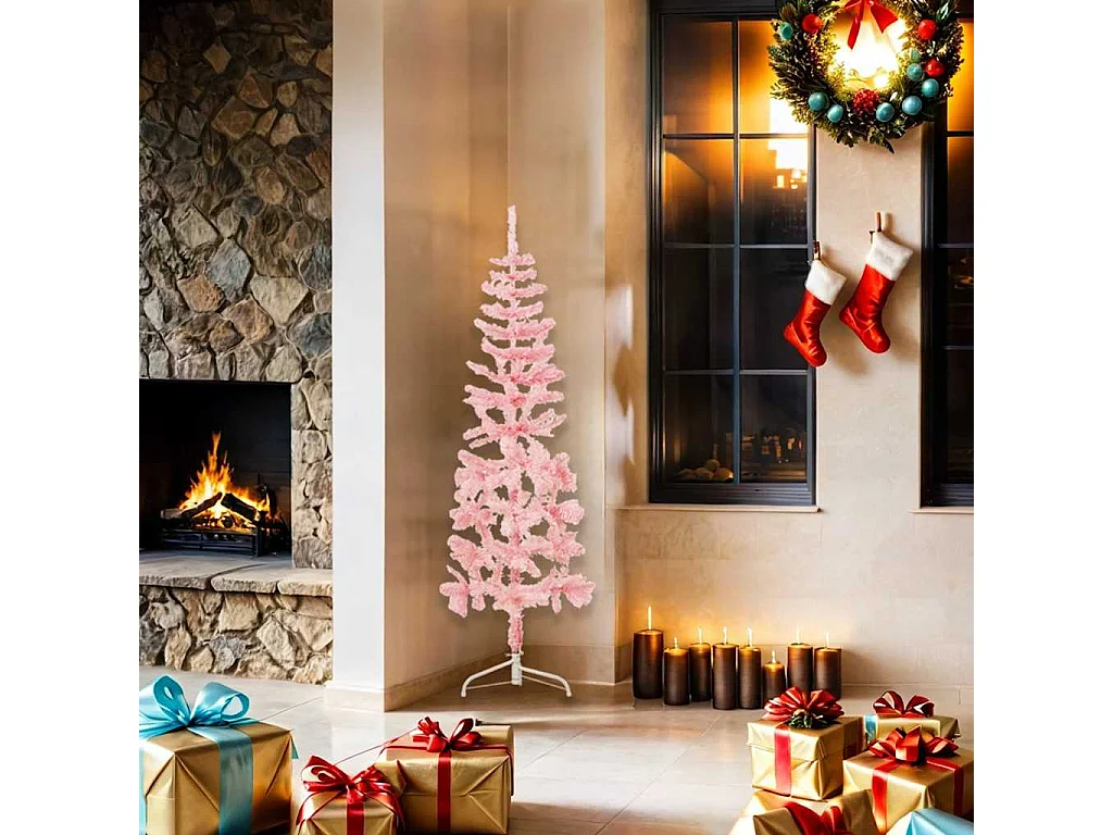 Demi sapin de Noël artificiel mince avec support Rose 150 cm