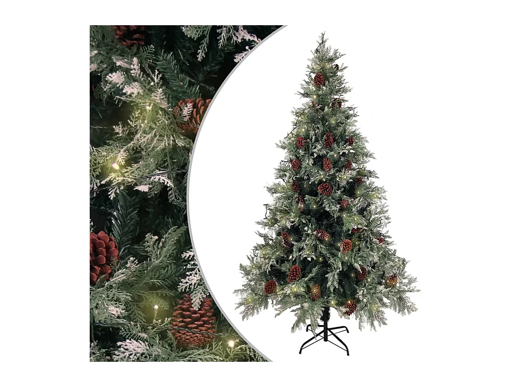 Kerstboom met LED en dennenappels 195 cm PVC en PE groen en wit