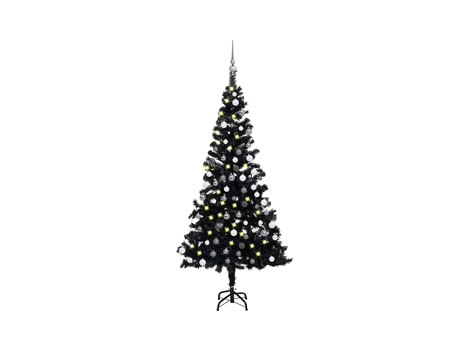 Kunstkerstboom met verlichting en kerstballen 150 cm PVC zwart