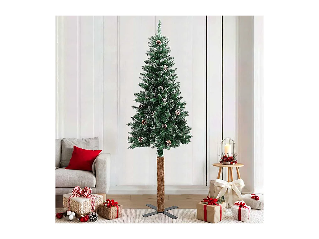 Árbol de Navidad delgado madera auténtica y piñas PVC 210 cm