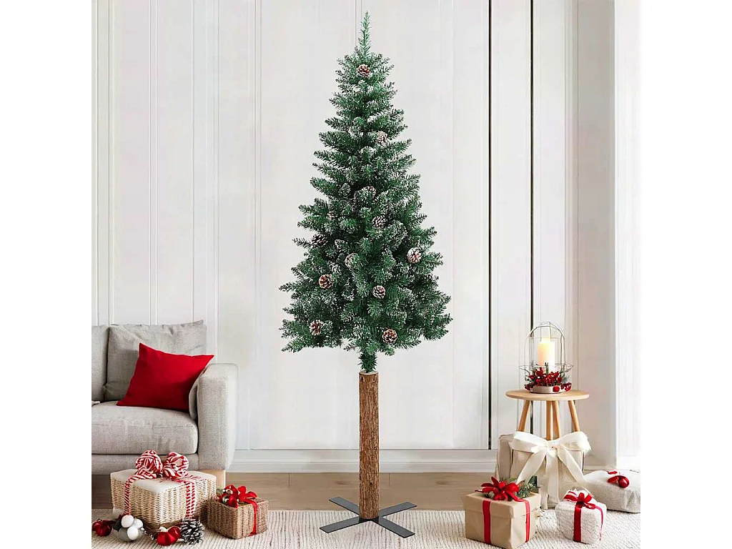 Árvore de Natal fina madeira genuína e neve branca 210 cm verde