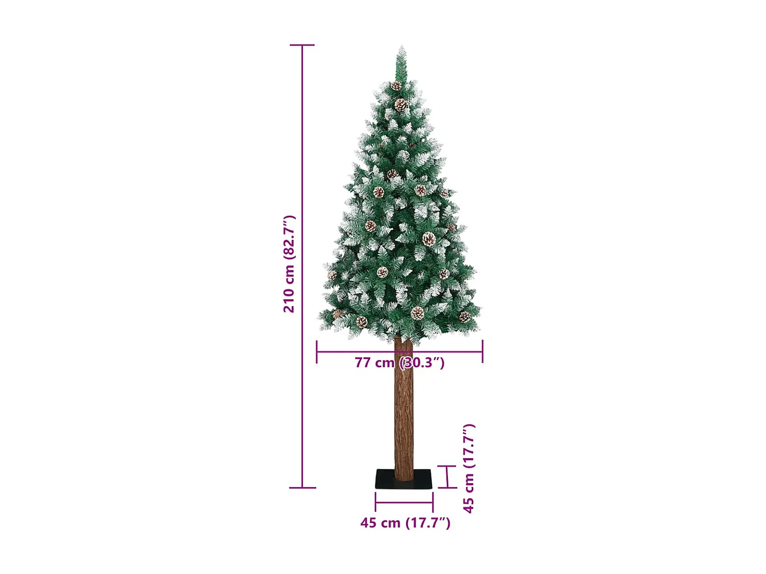 Árvore de Natal fina madeira genuína e neve branca 210 cm verde