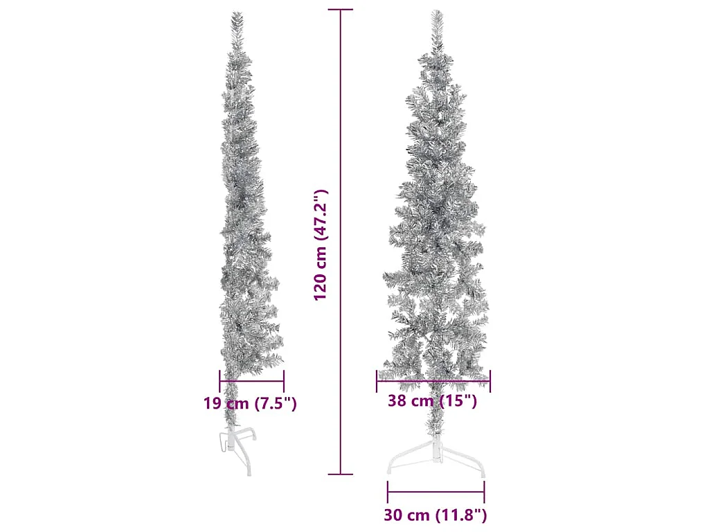 Demi sapin de Noël artificiel mince avec support Argenté 120 cm