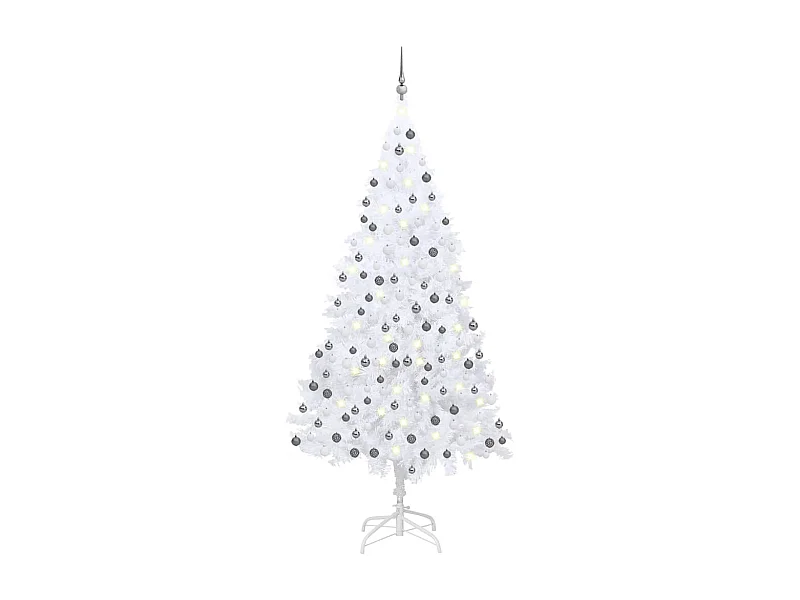Arbre de Noël artificiel pré-éclairé et boules blanc 210 cm PVC