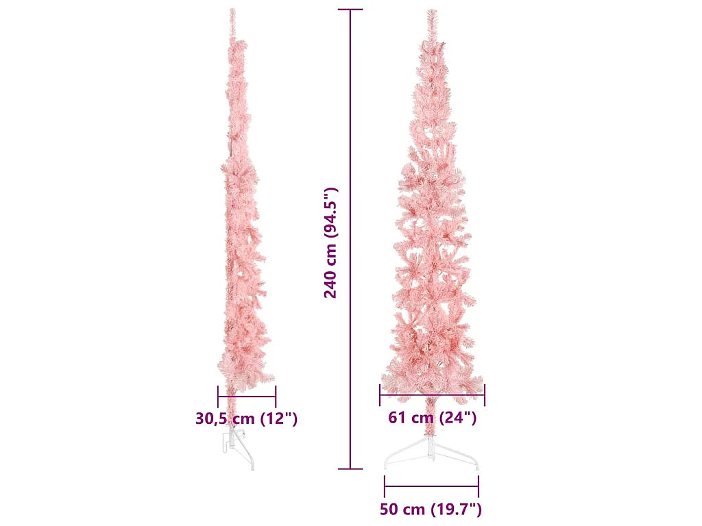 Kunstkerstboom half met standaard smal 240 cm roze