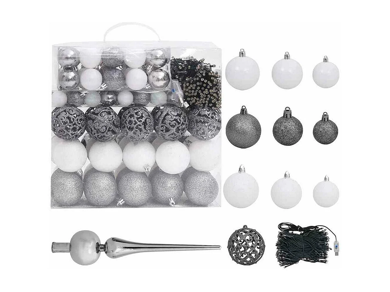 Kunstkerstboom met verlichting en kerstballen 210 cm PVC wit