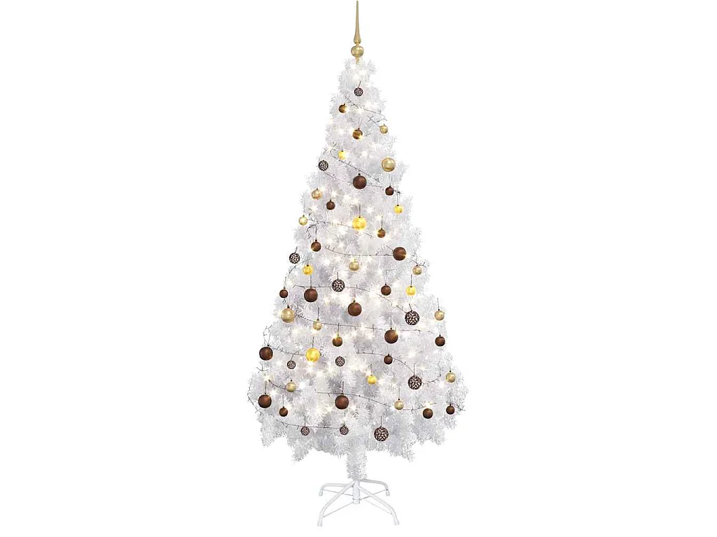 Arbre de Noël artificiel pré-éclairé et boules blanc 180 cm PVC