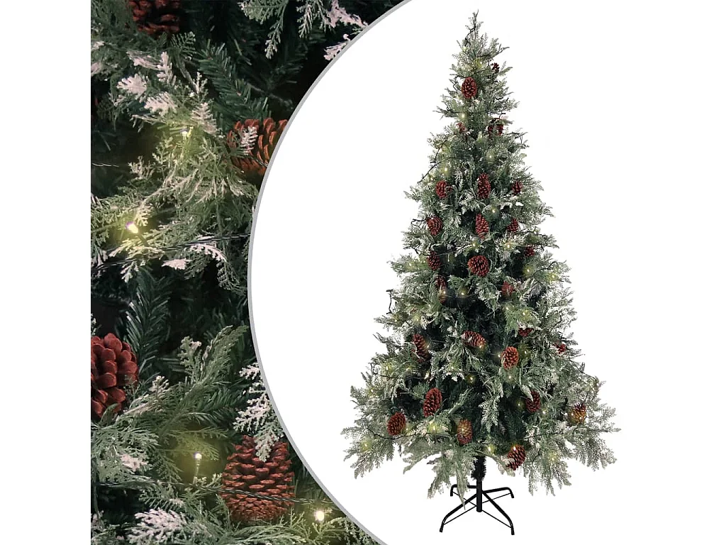 Árvore Natal pré-iluminada c/ pinhas 225 cm PVC/PE verde/branco
