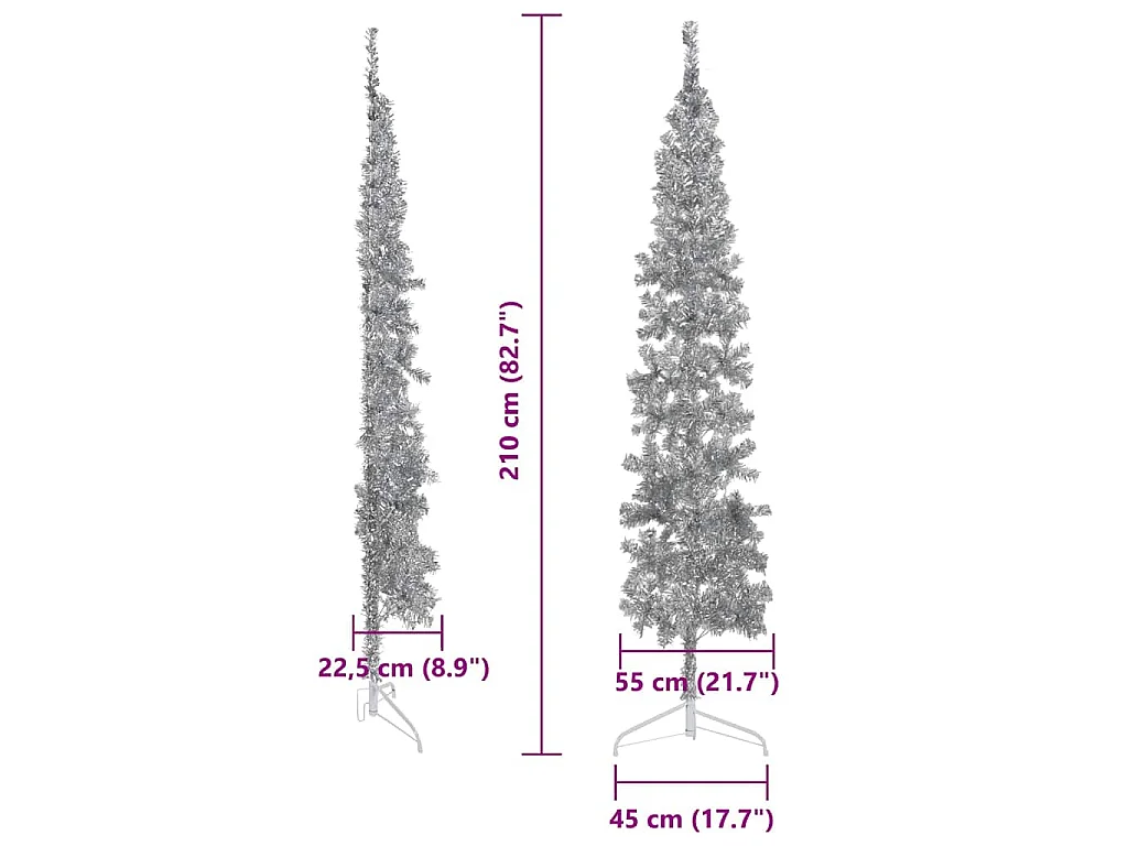 Demi sapin de Noël artificiel mince avec support Argenté 210 cm