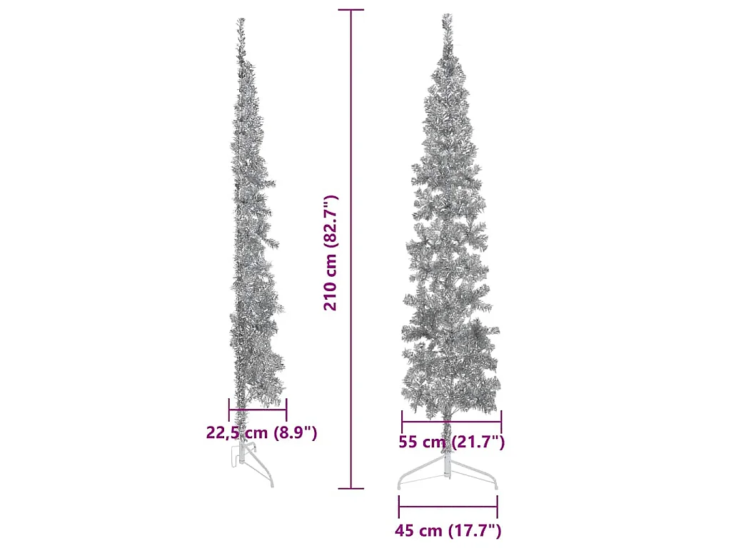 Demi sapin de Noël artificiel mince avec support Argenté 210 cm