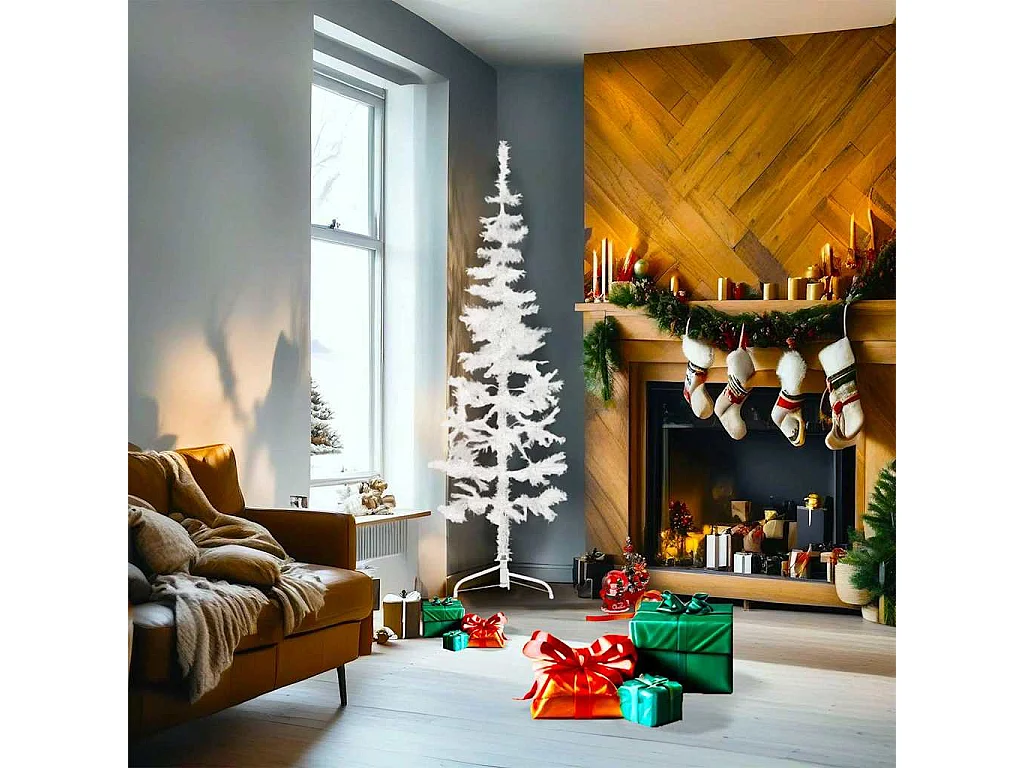 Demi sapin de Noël artificiel mince avec support Blanc 180 cm