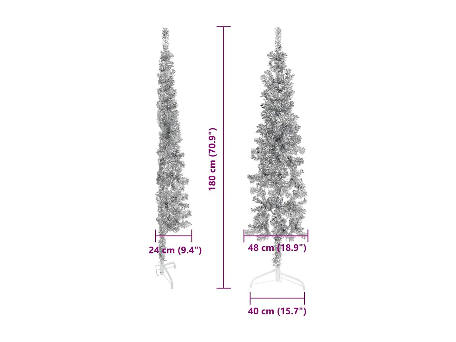 Kunstkerstboom half met standaard smal 180 cm zilverkleurig