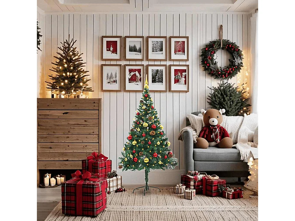 Arbre de Noël artificiel pré-éclairé avec boules vert 150 cm