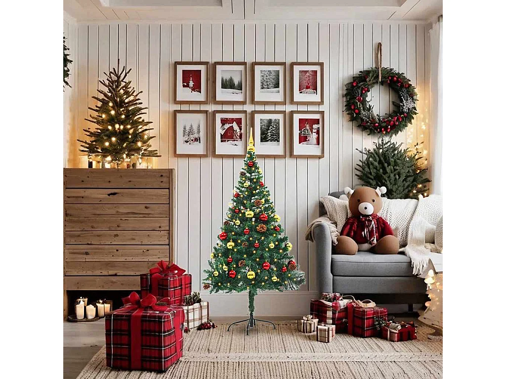 Kunstkerstboom met verlichting en kerstballen 150 cm groen