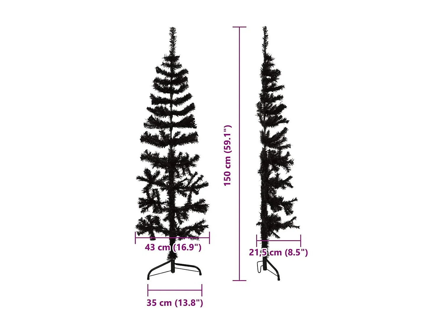Kunstkerstboom half met standaard smal 150 cm zwart