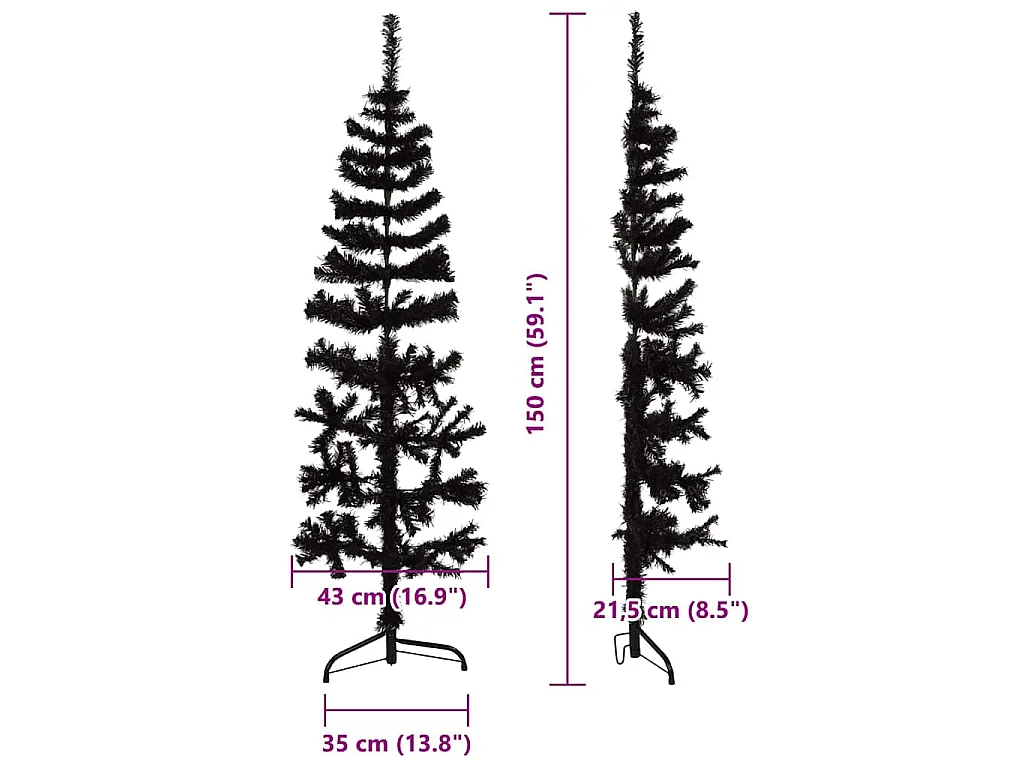 Albero Natale Artificiale Sottile a Metà e Supporto Nero 150 cm