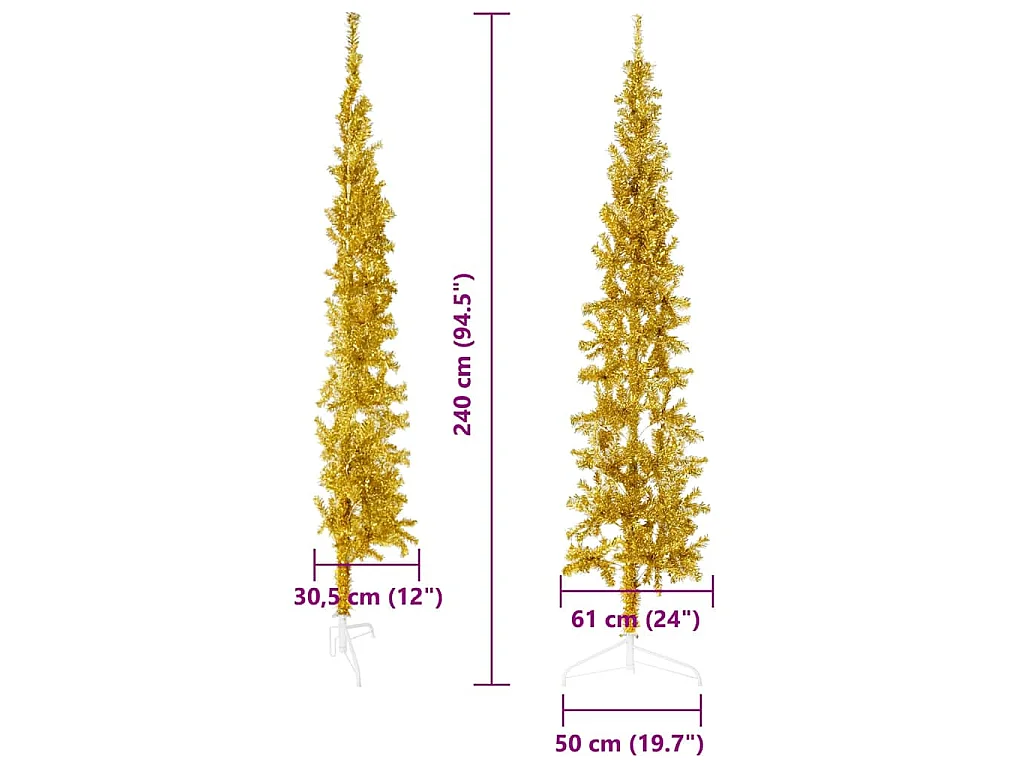 Albero Natale Artificiale Sottile a Metà con Supporto Oro 240cm