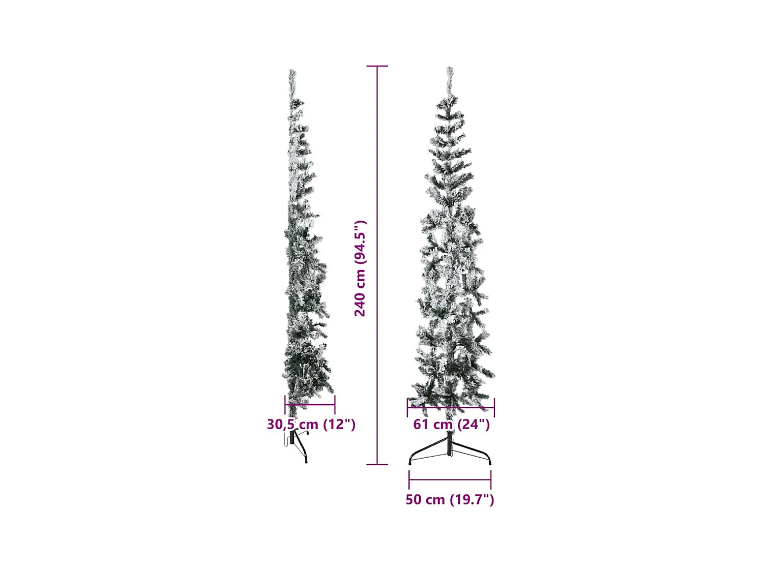 Demi sapin de Noël artificiel mince avec neige floquée 240 cm