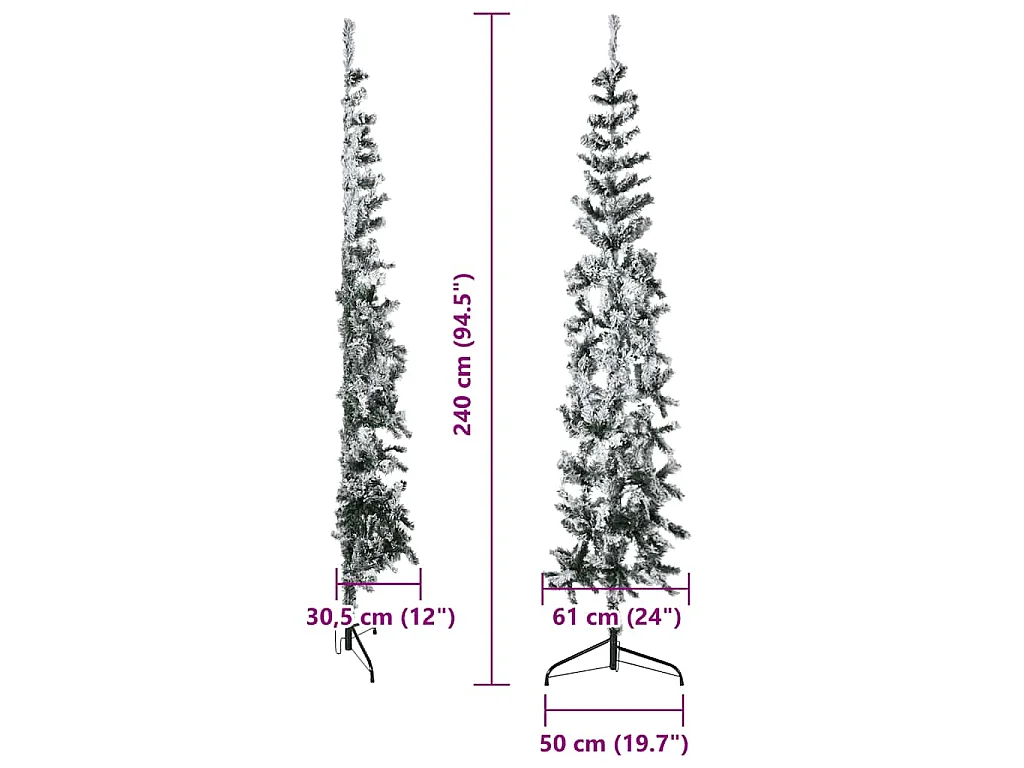Meia árvore de Natal fina com flocos de neve 240 cm
