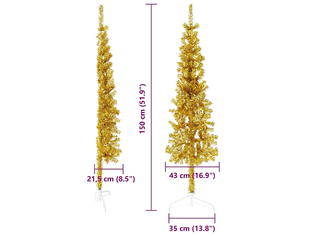 Albero Natale Artificiale Sottile a Metà con Supporto Oro 150cm
