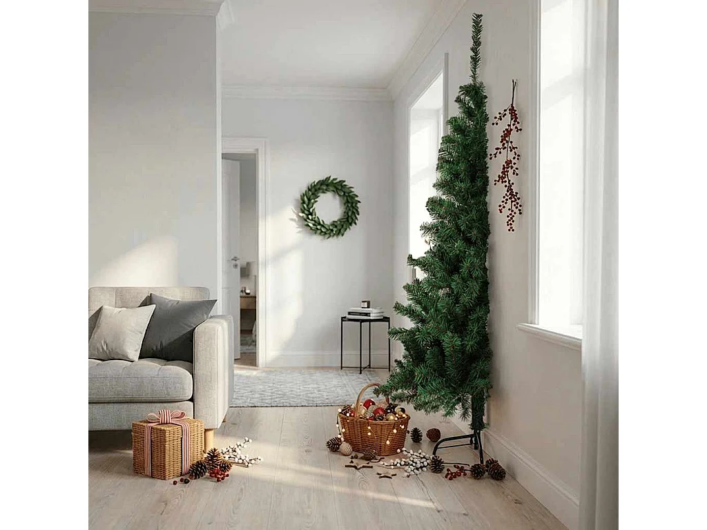 Medio árbol de Navidad artificial con soporte PVC verde 210 cm