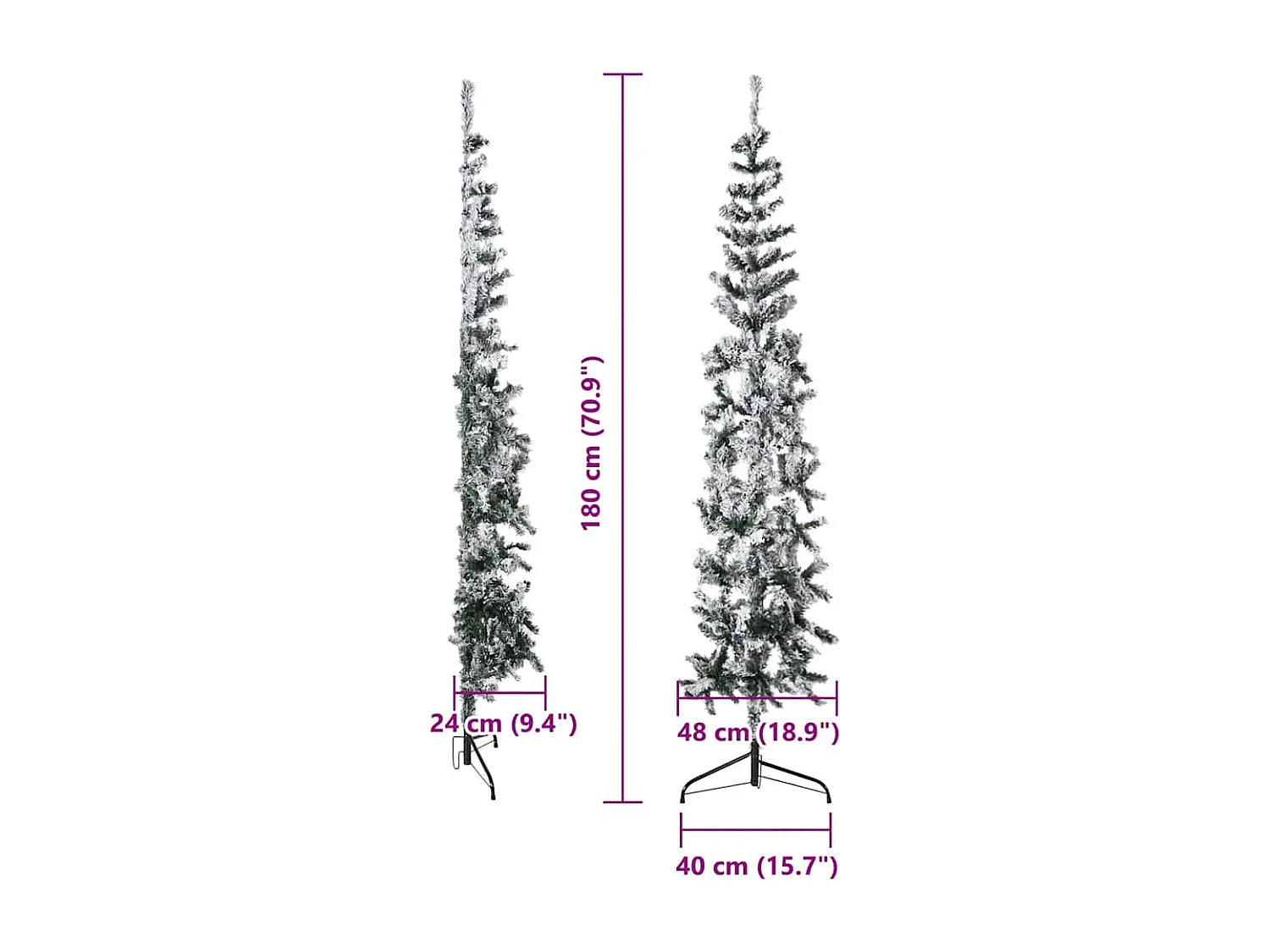 Demi sapin de Noël artificiel mince avec neige floquée 180 cm