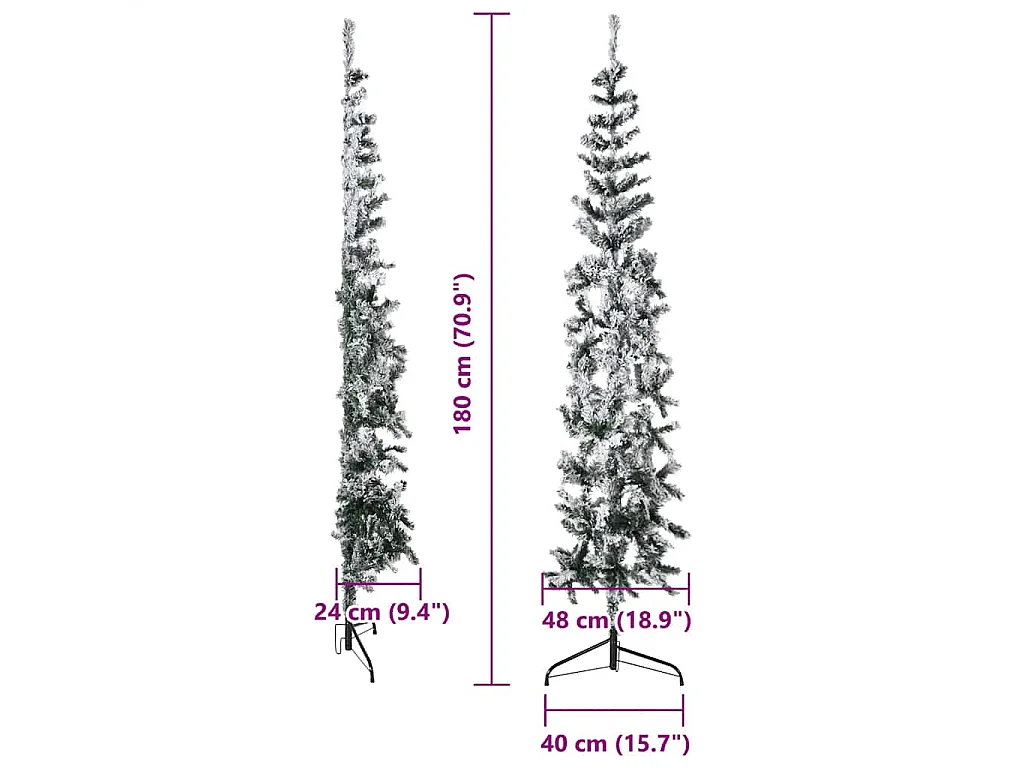 Demi sapin de Noël artificiel mince avec neige floquée 180 cm