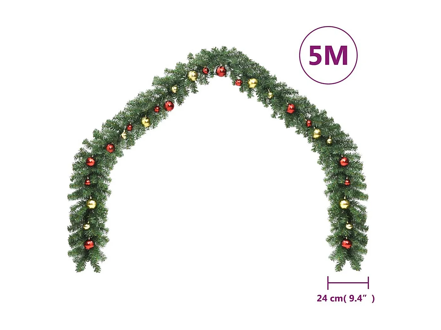 Grinalda de Natal decorada com enfeites e luzes LED 5 m