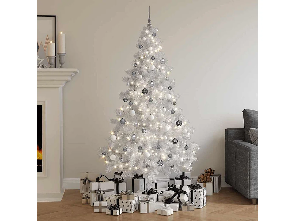 Arbre de Noël artificiel pré-éclairé et boules blanc 180 cm PVC