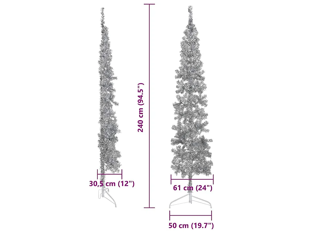 Kunstkerstboom half met standaard smal 240 cm zilverkleurig